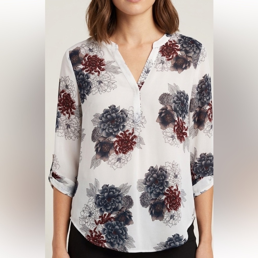 Daniel Rainn White Chiffon Blouse with Blue and Wine Floral Print